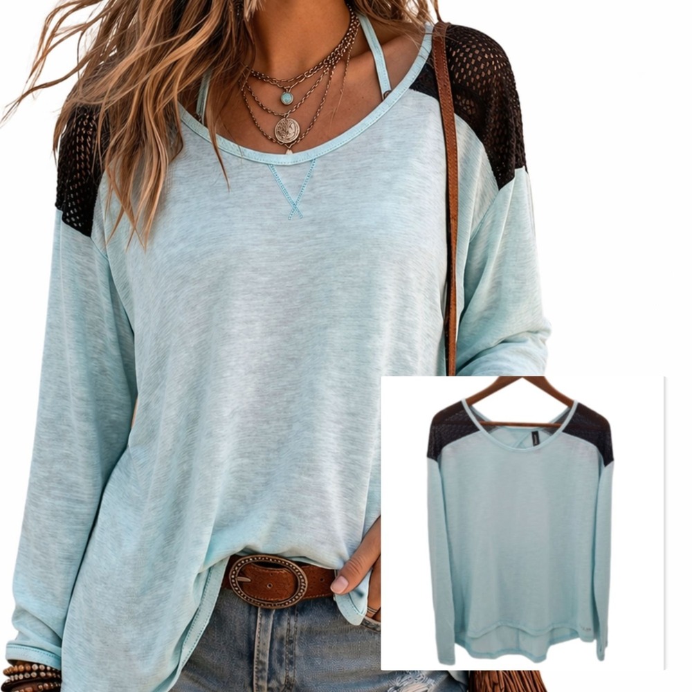Adore Me Mesh Shoulder Open Back Stretch Knit Sexy Top Blue L